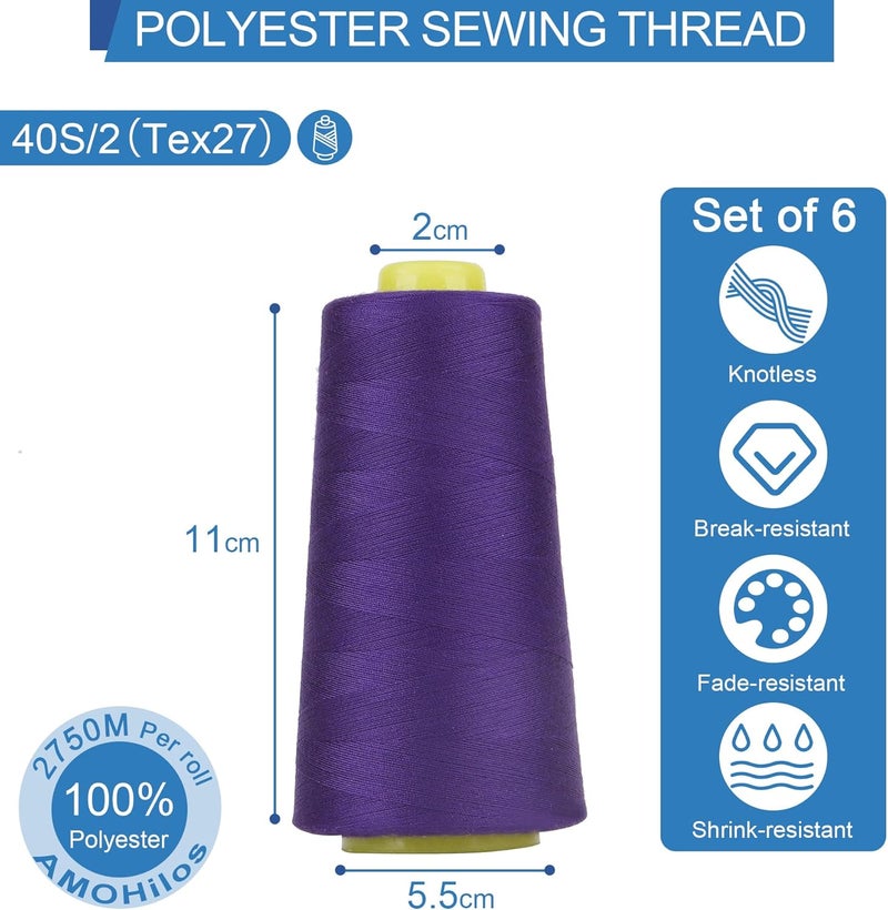 AMOHilos Polyester Sewing Thread All Purpose Knotless 40S/2 (Tex27) 6 Cones of 2750 Yards Each Spool Thread Total 16500 Yards for Serger Sewing Machine Quilting Piecing Hand Stitching (deep Purple) - Image 3